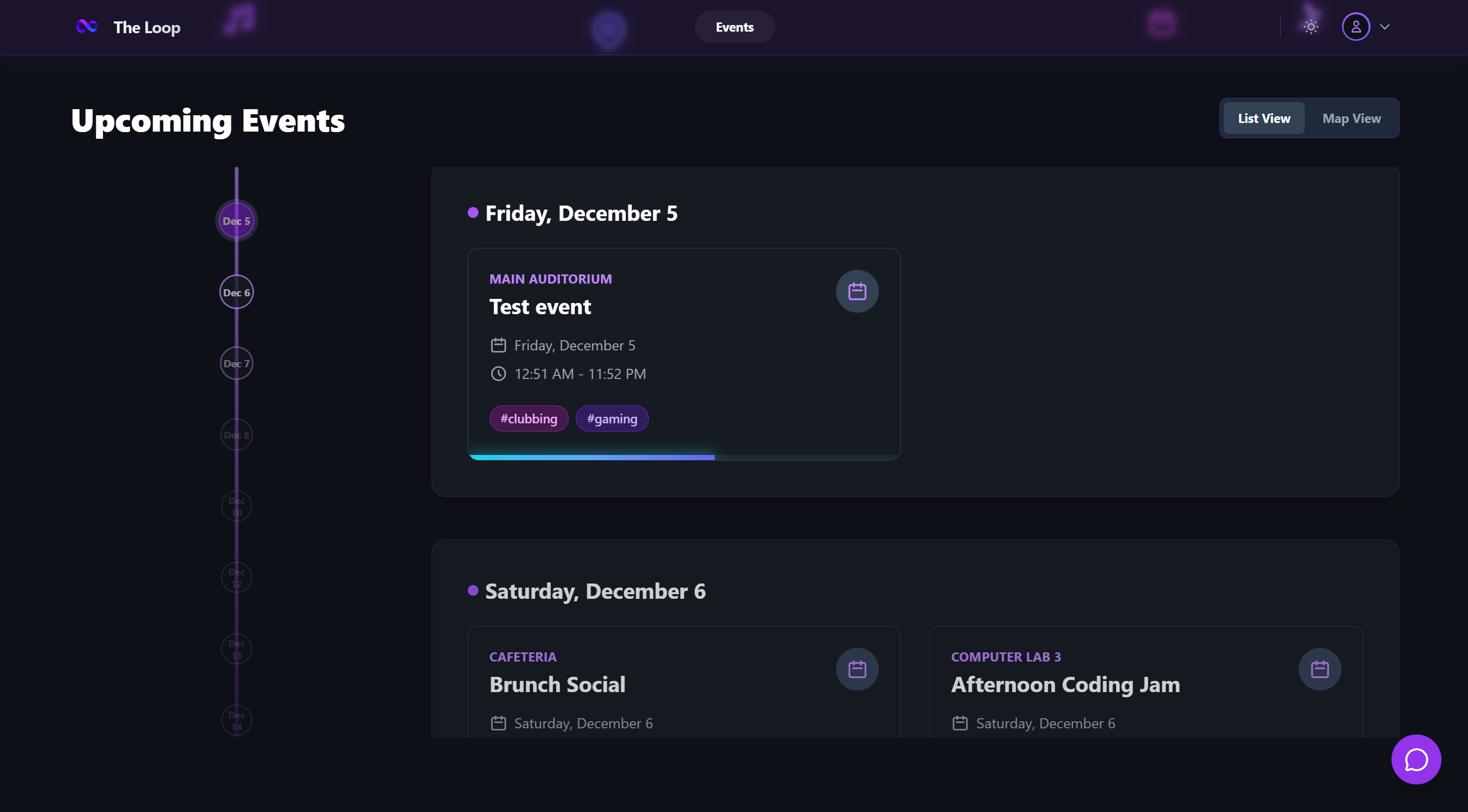 The Loop events list showing dated campus events and category tags